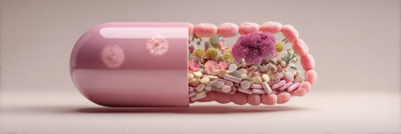 Illustration depicts a detailed 3D cross-section of the intestine where a probiotic pill is releasing various healthy flora and nutrients for digestion.の素材