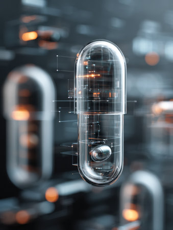 A rotating digital medical hologram showcases a transparent capsule against an innovative background, highlighting advanced healthcare technology.の素材