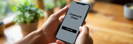 A user is engaged with a mobile app, tapping the confirm order button in a warm and inviting environment, surrounded by greenery and natural elements.の素材