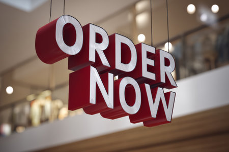 A giant 3D Order Now button hovers over a busy mall, enticing shoppers to make quick purchase decisions.の素材