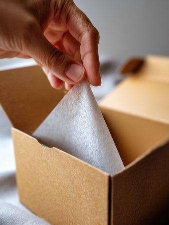 A hand reaches into a kraft box to grasp soft paper filler, showcasing the texture within an inviting indoor space illuminated by natural light.の素材