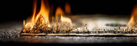 Flames consume the edges of a banknote, vividly illustrating the impact of inflation on currency. The highly detailed shot captures the intensity of the fire.の素材