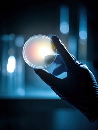 A scientist holds a petri dish displaying resistant growth in a laboratory, illuminated by a spotlight that highlights the specimens details.の素材