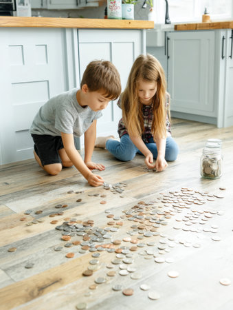 Children sit on the kitchen floor counting coins together, focused on saving enough money to buy groceries while learning about finances.の素材