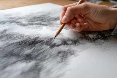 Captured in a creative moment, a hand holds a pencil over textured white paper, expertly applying charcoal to create depth and detail in the artwork.の素材