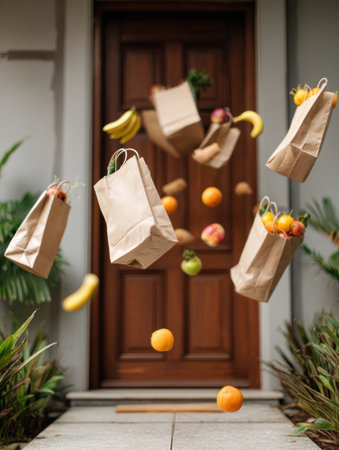 Grocery bags with an assortment of fresh fruits are flying toward the entrance of a home, showing a vibrant scene of daily life.の素材