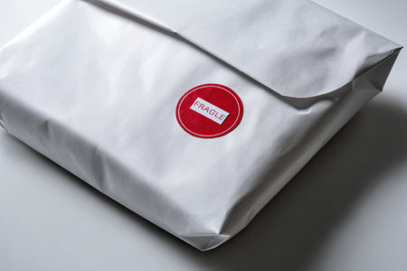 A minimalist white parcel features a bright red fragile sticker, indicating the need for careful handling to protect its contents during transit.の素材