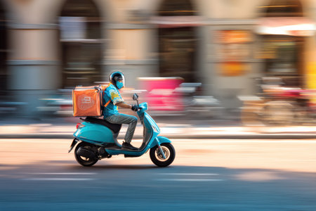 A flat courier scooter navigates the bustling urban environment, ensuring timely deliveries while avoiding obstacles in the bright daylight hours.の素材
