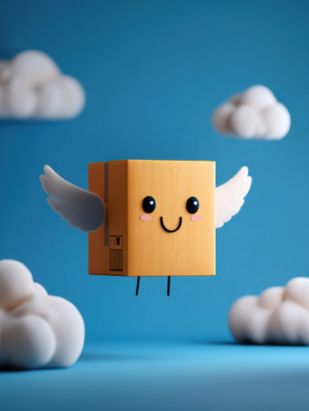 A cheerful box with wings smiles while hovering in a vibrant blue atmosphere surrounded by soft, fluffy clouds, embodying a sense of joyful delivery.の素材