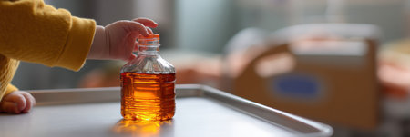 A small child reaches out with a tiny hand towards a bottle of syrup resting on a medical table in a hospital room during the afternoon hours.の素材