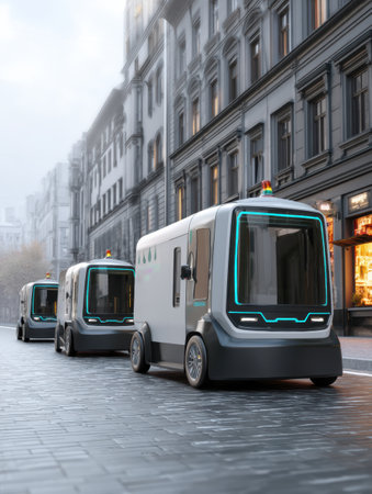 Autonomous delivery vehicles travel down a bustling city street lined with elegant architecture and shops, signaling the future of urban logistics.の素材