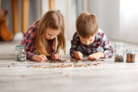 Two children sit on the floor counting coins spread out in front of them to contribute towards buying groceries, showcasing teamwork and resourcefulness.の素材