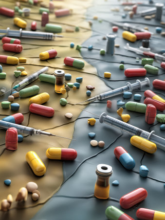 Scattered pills and syringes create a vivid scene, symbolizing the battle between bacteria and medicine.の素材