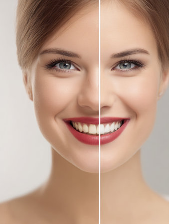 The split view showcases a woman with a remarkable teeth restoration, illustrating the positive change in her smile and overall appearance.の素材