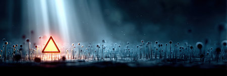 A biohazard sign appears above a field of microorganisms under dramatic lighting, casting eerie shadows in a dark environment at dusk.の素材