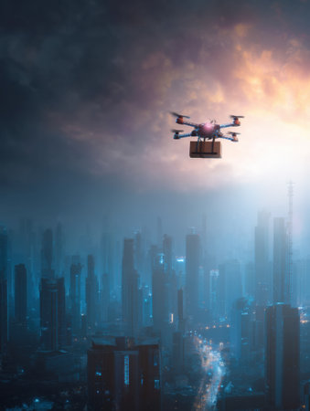A drone flies high above a bustling futuristic city delivering a parcel as dusk settles, casting a colorful glow over the skyscrapers and streets below.の素材