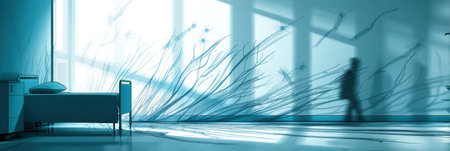 Shadowy figures of antibiotic-resistant bacteria loom over an empty hospital bed, hinting at the serious threats faced by patients and healthcare providers.の素材