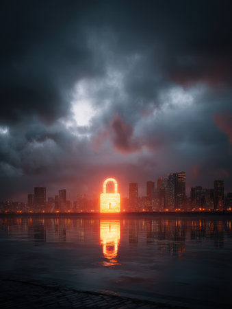A luminous digital padlock hovers above a city skyline, embodying the essence of cybersecurity against a moody, dramatic dusk backdrop.の素材