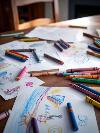 Children fill a table with crayon sketches and doodles, showcasing creativity and imagination during a fun afternoon at home.の素材