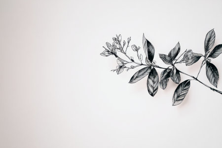 Delicate hand-drawn branch featuring lush green leaves and budding flowers displayed on a minimalistic white backdrop highlighting its intricate design.の素材