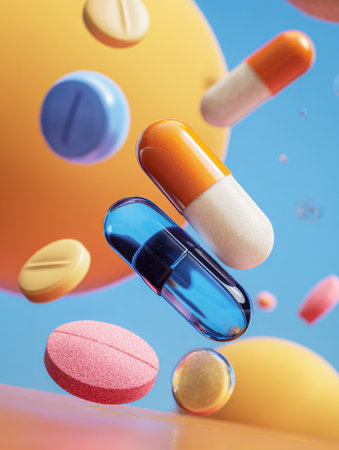 Floating tablets and capsules create an eye-catching display, showing various shapes and colors that emphasize creativity in pharmaceutical branding.の素材