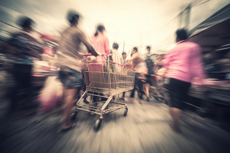 Shoppers bustle around a crowded checkout cart during an online sale event, creating a lively and dynamic atmosphere highlighting the thrill of shopping.の素材