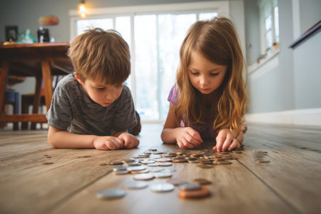 Two children sit on the floor counting coins together in a warm and inviting living space.の素材
