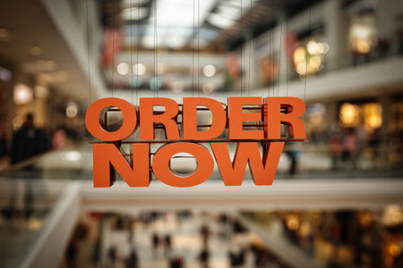 A vibrant 3D Order Now button hovers above a lively shopping mall, capturing the attention of shoppers while they explore various stores and attractions.の素材