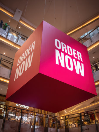 A large 3D cube displaying Order Now hovers prominently in a bustling shopping mall, capturing the attention of shoppers during a busy afternoon.の素材