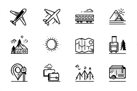 This collection displays various travel icons including airplanes, trains, a map, and luggage, perfect for vacation planning and travel inspiration.の素材