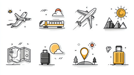 Floating icons illustrate travel options like airplanes, trains, and luggage, paired with sunny skies and iconic landscapes, perfect for trip planning.の素材