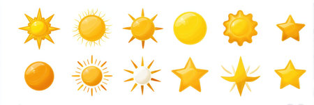 Explore this collection of yellow sun icons, featuring diverse shapes and rays, ideal for summer themes and cheerful designs.の素材