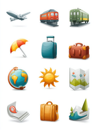 Colorful icons represent various travel elements like planes, trains, luggage, and maps, evoking a sense of adventure and exploration.の素材