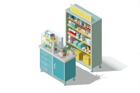 Detailed isometric illustration featuring a pharmacy counter with shelves filled with various healthcare products, including medicine and personal care items.の素材