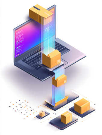 Packages flow from an isometric laptop screen, illustrating a seamless delivery process in a dynamic digital environment, representing modern logistics.の素材
