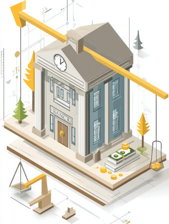 A central bank building features a balancing scale with money on one side and an upward interest rate arrow on the other, symbolizing economic decisions.の素材