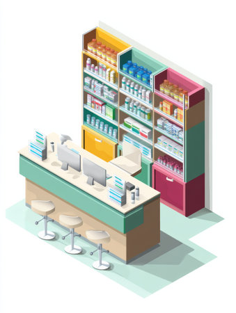 A pharmacy counter is shown with neatly arranged shelves filled with health products, including medications and personal care items, in a vibrant setting.の素材
