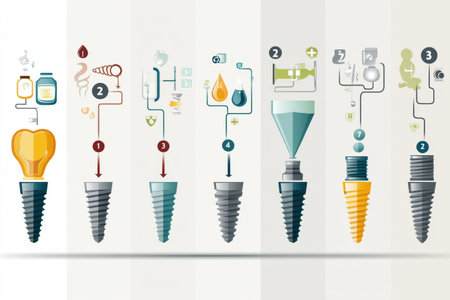 This infographic outlines the essential steps involved in the dental implant process using a clean and informative design featuring icons and diagrams.の素材