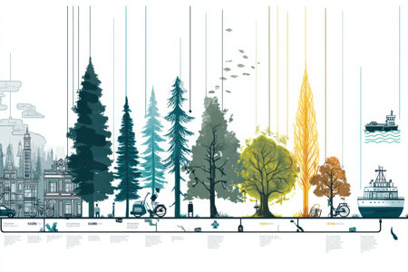 Illustration depicts a journey timeline, showcasing transitions from a vibrant city to lush forests and calm ocean, highlighting natures beauty and diversity.の素材