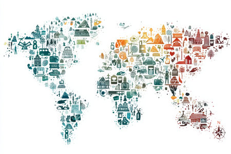 Colorful travel icons form a minimalist world map set against a clean white background, illustrating various destinations and adventures in an artistic design.の素材