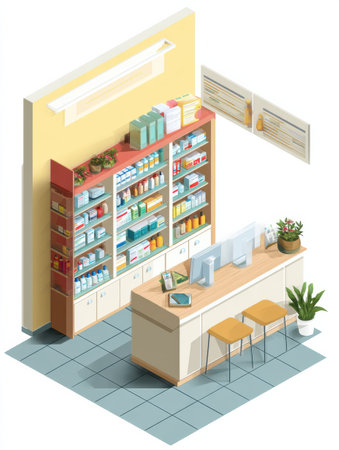 Detailed pharmacy counter features neatly arranged shelves filled with various medications and health products, providing a friendly atmosphere for customers.の素材
