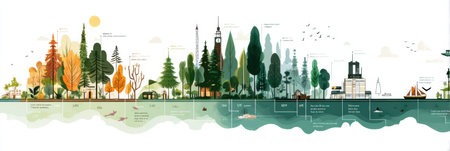A vibrant timeline illustration shows a journey from a bustling city to serene forests and the calm sea, featuring various activities.の素材
