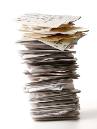 A stack of receipts and order confirmations is neatly arranged on a white background, reflecting recent purchases and transactions.の素材