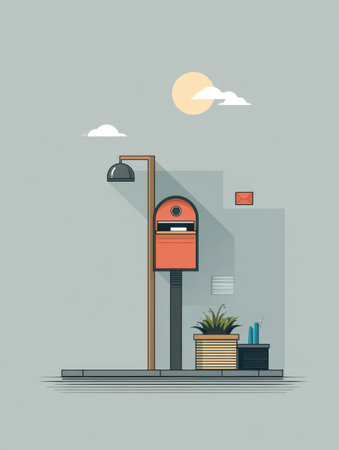 A minimal flat depicts a colorful mailbox positioned in an urban setting. A package is being delivered, accompanied by plants and a lamppost.の素材