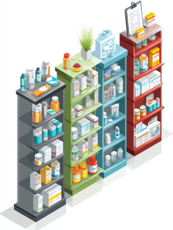 Pharmacy shelves are filled with a diverse range of medicines and prescriptions in organized sections, demonstrating a well-stocked health environment.の素材