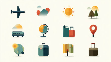 Minimalist icons illustrate diverse travel themes featuring an airplane, train, and luggage against a soft background with nature elements and travel maps.の素材