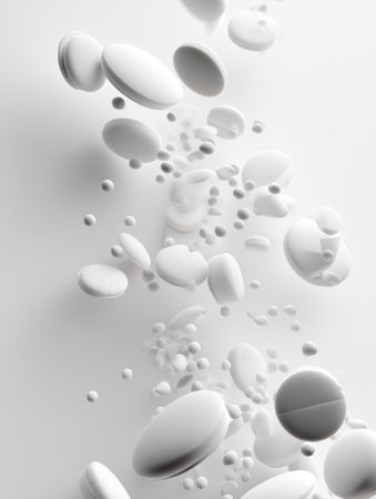 Pills of different sizes and shapes are seen scattering dynamically across a white sterile background, creating a sense of movement in a clinical environment.の素材