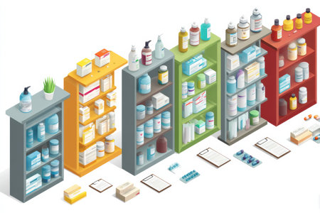Detailed isometric view of pharmacy shelves filled with various medicines, prescription bottles, and organizational items for easy access.の素材