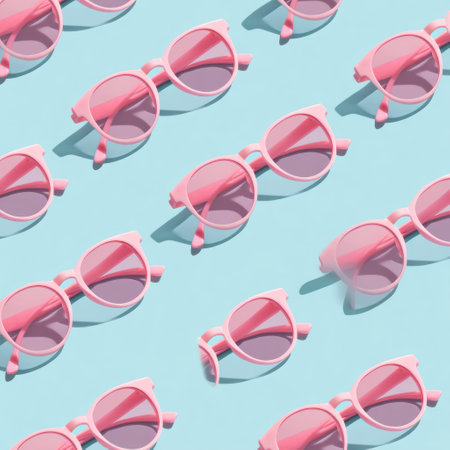 Colorful pink sunglasses are arranged on a soft pastel blue background, creating a cheerful and minimal summer aesthetic perfect for decor or fashion themes.の素材