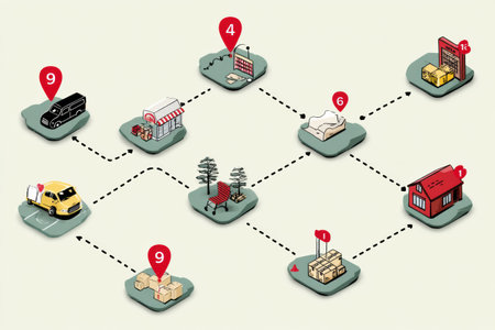The process from selecting items online to receiving packages at home is visually mapped, detailing key steps and transitions in a clear format.の素材